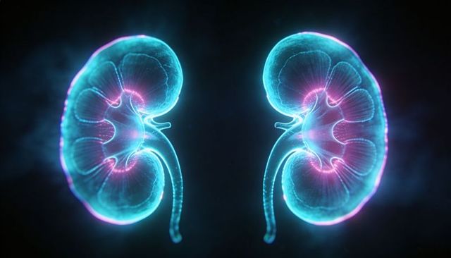 Glowing neon kidneys floating translucent 3d organs highlighting calyces and ureters