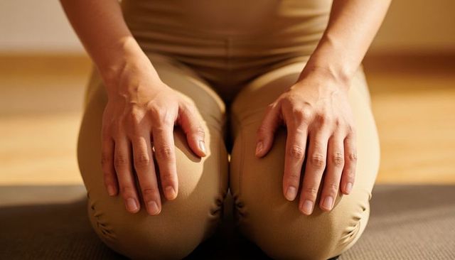 Kneeling woman in beige activewear practicing yoga and mindfulness with hands on knees