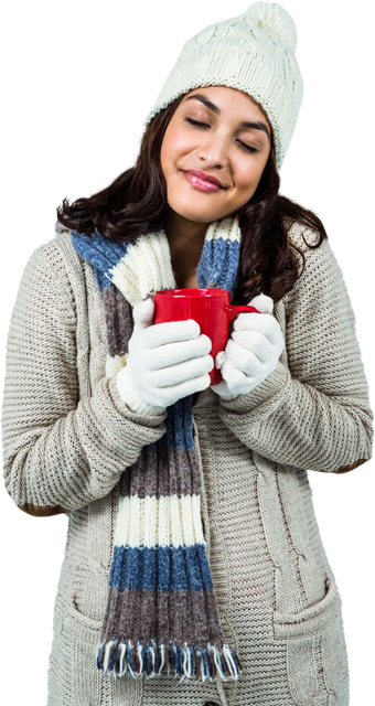 Festive Woman Holding Hot Drink in Cozy Winter Outfit on Transparent Background - Download Free Stock Videos Pikwizard.com