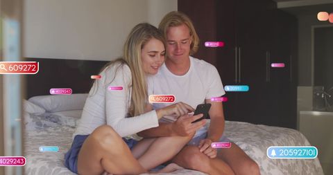 Couple Engaging with Social Media Icons Overlay on Bed - Download Free Stock Images Pikwizard.com
