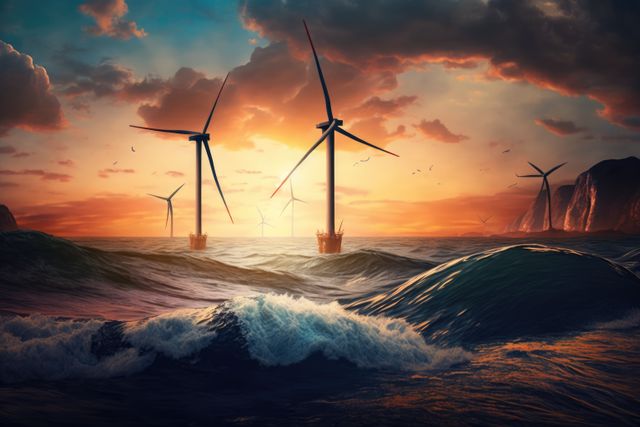 Wind turbines operate offshore during a vibrant sunset, with dramatic clouds and ocean waves in the foreground. Ideal for promoting renewable energy, environmental conservation, and sustainable power sources.