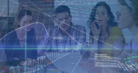 Business Team Analyzing Financial Data with Stock Market Overlay