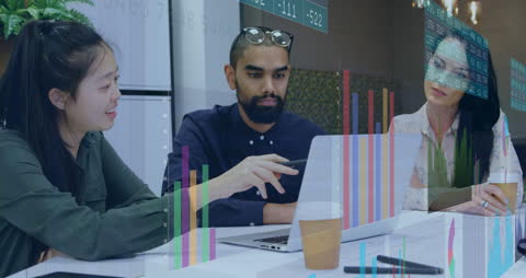 Diverse Team Collaborating on Data Analysis with Technology Interface