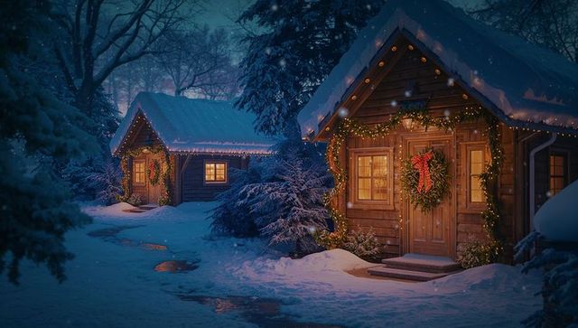 Rustic Wooden Cabins Decorated for Holidays in Snowy Pine Woods