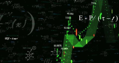 Green candlestick market uptrend rising digital ribbon with math formulas and chemical diagrams
