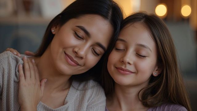 Restful Mother Daughter Embrace in Cozy Living Room