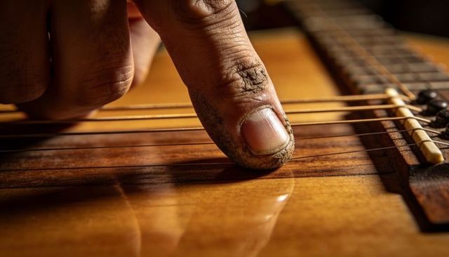 Callused thumb pressing steel strings on glossy acoustic guitar top, woodgrain reflection