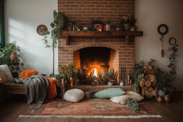 Fireplace with flames in traditional living room, created using generative ai technology. Fireplace, home decor and interior design concept digitally generated image.
