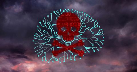 Digital Skull and Binary Code Against Stormy Sky