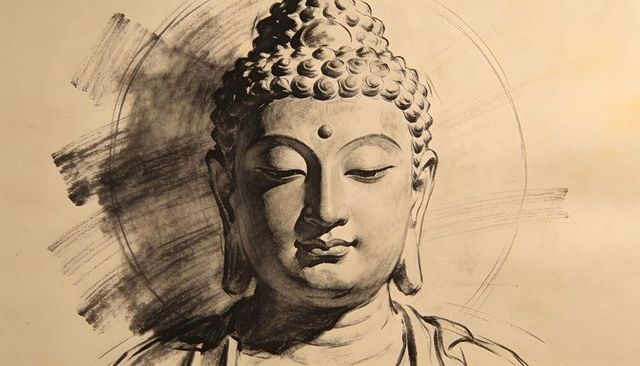 Charcoal buddha portrait on beige paper with halo, robe, serene expression for meditation