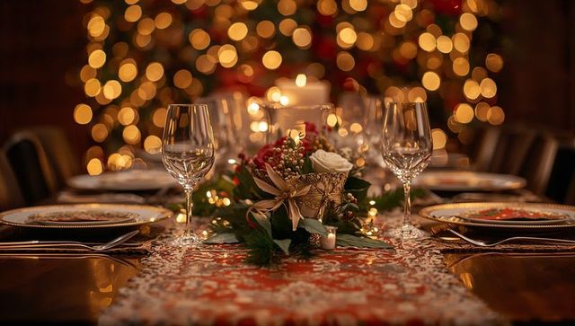 Elegant holiday dinner table glowing with candlelight and bokeh lights