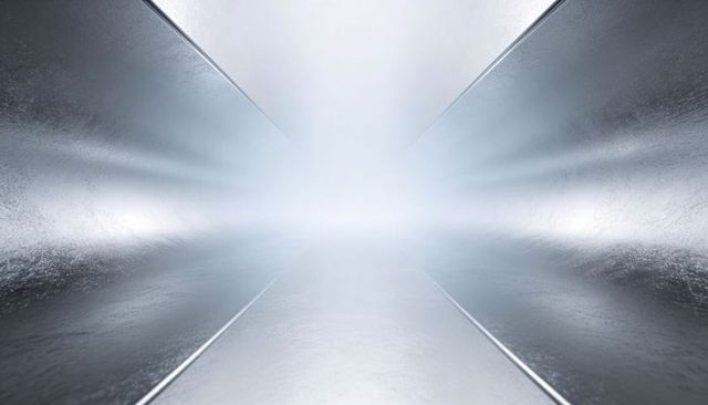 Futuristic metallic corridor leading toward bright light with reflective floor seams and soft haze