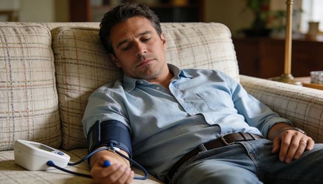 Reclining man checking blood pressure at home with upper-arm cuff monitor, calm wellness