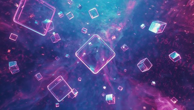 Glowing Neon Cubes Floating in Futuristic Sci-Fi Background