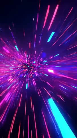 Vertical neon particle burst emitting radial streaks and accelerating through dark tunnel