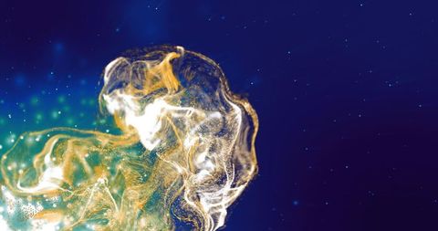 Swirling Luminous Particle Nebula with Gold Filaments and Emerald Glow on Deep Blue