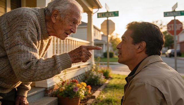 Senior man pointing at kneeling neighbor on porch during golden hour, suburban confrontation