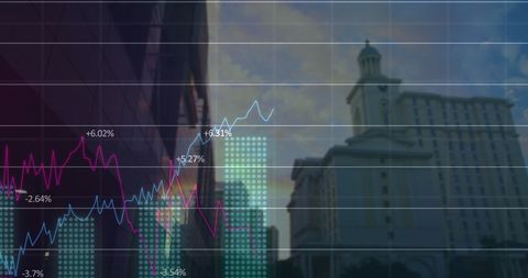Financial Growth Charts Projected Over City Skyline
