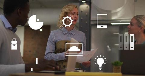 Businesswoman presenting in office with team collaboration icons, laptops and documents