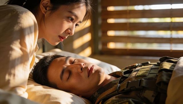 Tender bedside moment woman leaning over sleeping soldier in sunlit bedroom