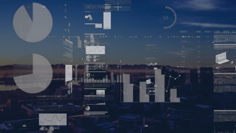 Digital Data Workflow Over Urban Landscape at Dusk