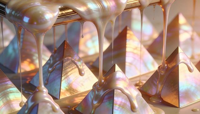 Pouring pearlescent coating on iridescent metallic pyramids, prismatic geometric macro