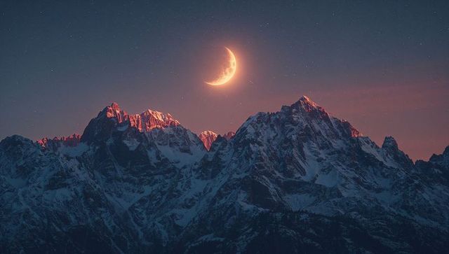 Luminous Crescent Moon Illuminating Snow-Capped Mountains at Dusk