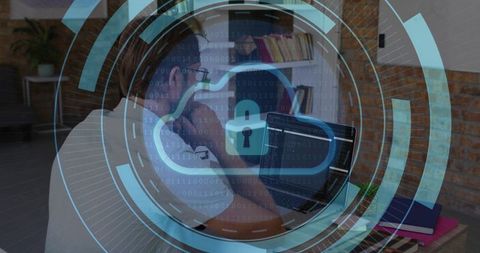 Man coding on laptop in home office with cloud lock overlay illustrating cybersecurity