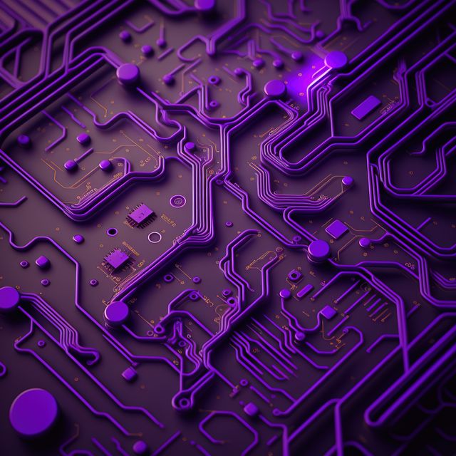 Image of purple computer circuit board and purple light trails on dark background. Computing and data processing concept created using generative ai technology.