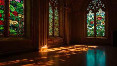 Sunlight Streaming Through Vibrant Stained-Glass in Tranquil Chapel