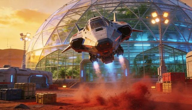 Hovering Shuttle Lift-Off Over Martian Outpost With Geodesic Greenhouse at Sunset