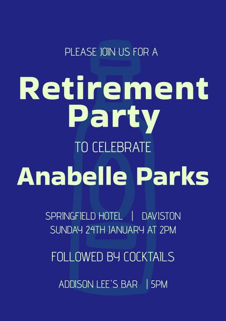 Illustration displays a retirement party invitation in bold blue with modern typography. Ideal for promoting retirement events. Suitable for customizable event flyers, personal invitations, digital announcements.