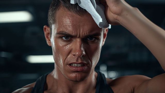 Sweaty Male Athlete Wiping Forehead With Towel After Intense Strength Training Session