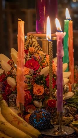 Vertical video of burning candles melting over colorful floral centerpiece casting warm tabletop glo