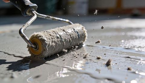 Worn paint roller rolling gray glossy paint across concrete floor shedding lint and debris