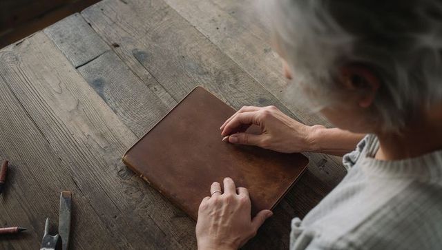 Senior hands touching closed leather journal on rustic wood workbench with craft tools