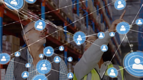 Connected Warehouse Workers Analyzing Global Logistics Network