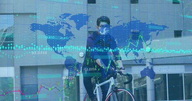 Man Cycling with Overlay of Global Financial Data - Download Free Stock Images Pikwizard.com