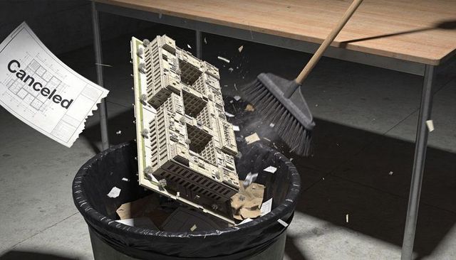 Architectural model being swept into waste bin with canceled blueprint, failed development