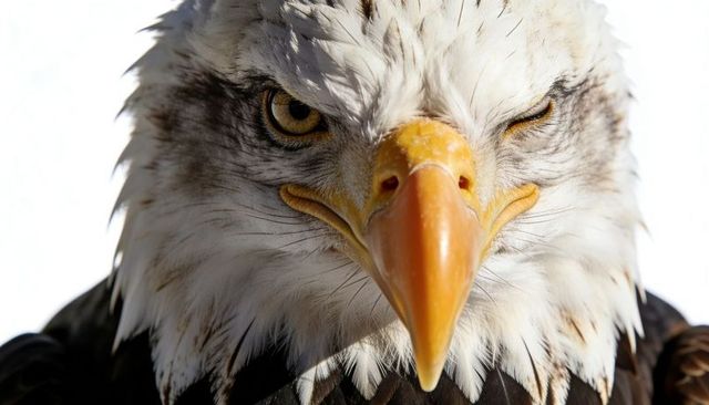 Bald eagle glaring closeup with hooked yellow beak and intense squinting eye, white head