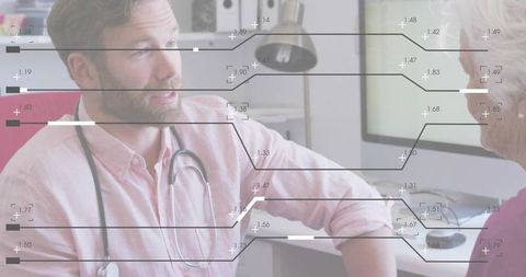 Doctor consulting senior patient at clinic desk with stethoscope and data overlay