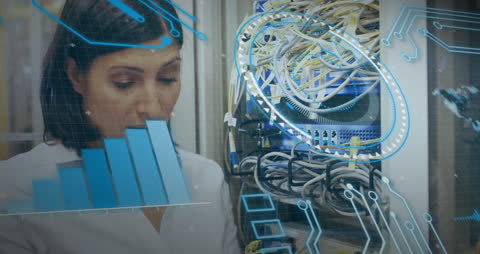 Female Engineer Managing Data Center with Digital Graphic Overlay