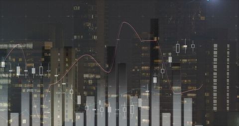 City skyline with dynamic financial graph overlays at night