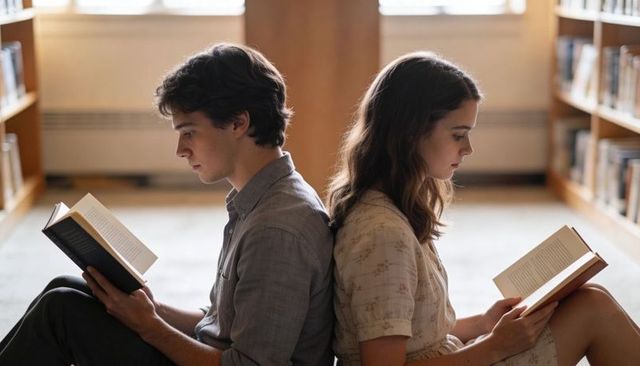 Teens reading back-to-back in quiet library, studying and concentrating, warm backlight