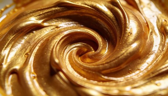 Swirling metallic gold paste forming spiral vortex glossy iridescent texture macro closeup