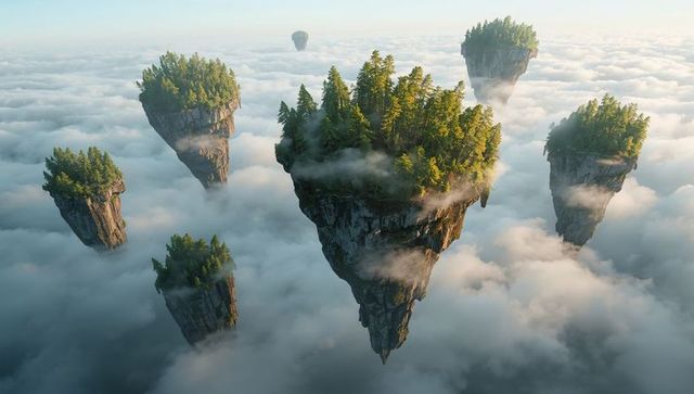 Sunlit floating forest islands rising above cloud sea with misty conifer cliffs