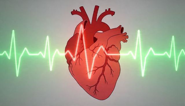 Neon ecg waveform crossing anatomical heart illustration for cardiology monitoring and vital signs