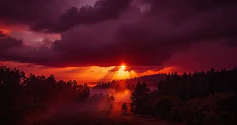 Sunset Rays Breaking Through Stormy Clouds Over Valley