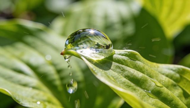Green veined leaf holding reflective water droplet dripping sunlit macro closeup