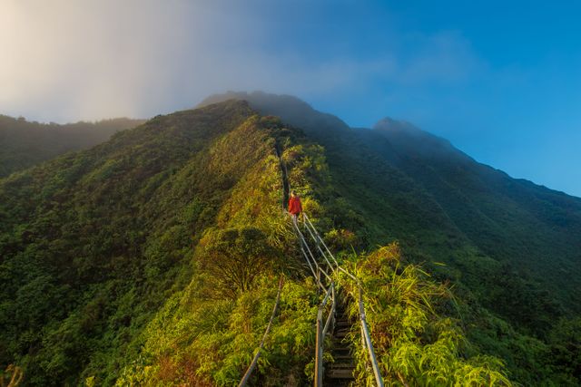 This image captures an adventurer climbing a famous stairway against a backdrop of lush green mountains. The path is visible amid a partially cloudy sky, creating a surreal and breathtaking scene. Ideal for travel blogs, adventure tourism promotions, motivational posters, and environmental awareness campaigns.